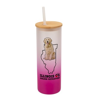 Elanze Designs The Prairie State Illinois Loves Golden Retrievers� Pink and White Ombre Frosted Glass Travel Tumbler with Straw and Wooden Lid, 25