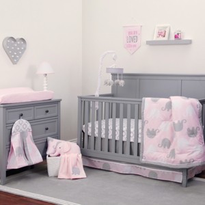 NoJo The Dreamer Pink and Grey Elephant 8 Piece Nursery Crib Bedding Set - 1 of 4