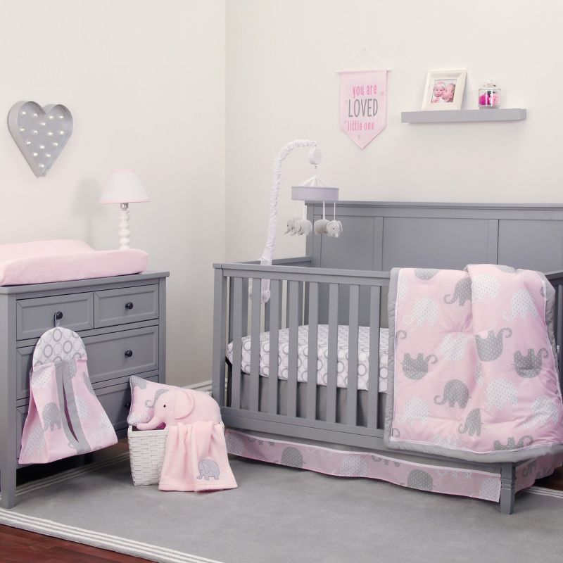 NoJo The Dreamer Pink and Grey Elephant 8 Piece Nursery Crib Bedding Set, 1 of 10