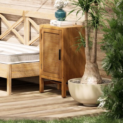 JIONJOY Rustic Wood Nightstand with Slat Door, Farmhouse Bedside Table with 2 Shelves & Storage, Brown Accent Cabinet for Bedroom