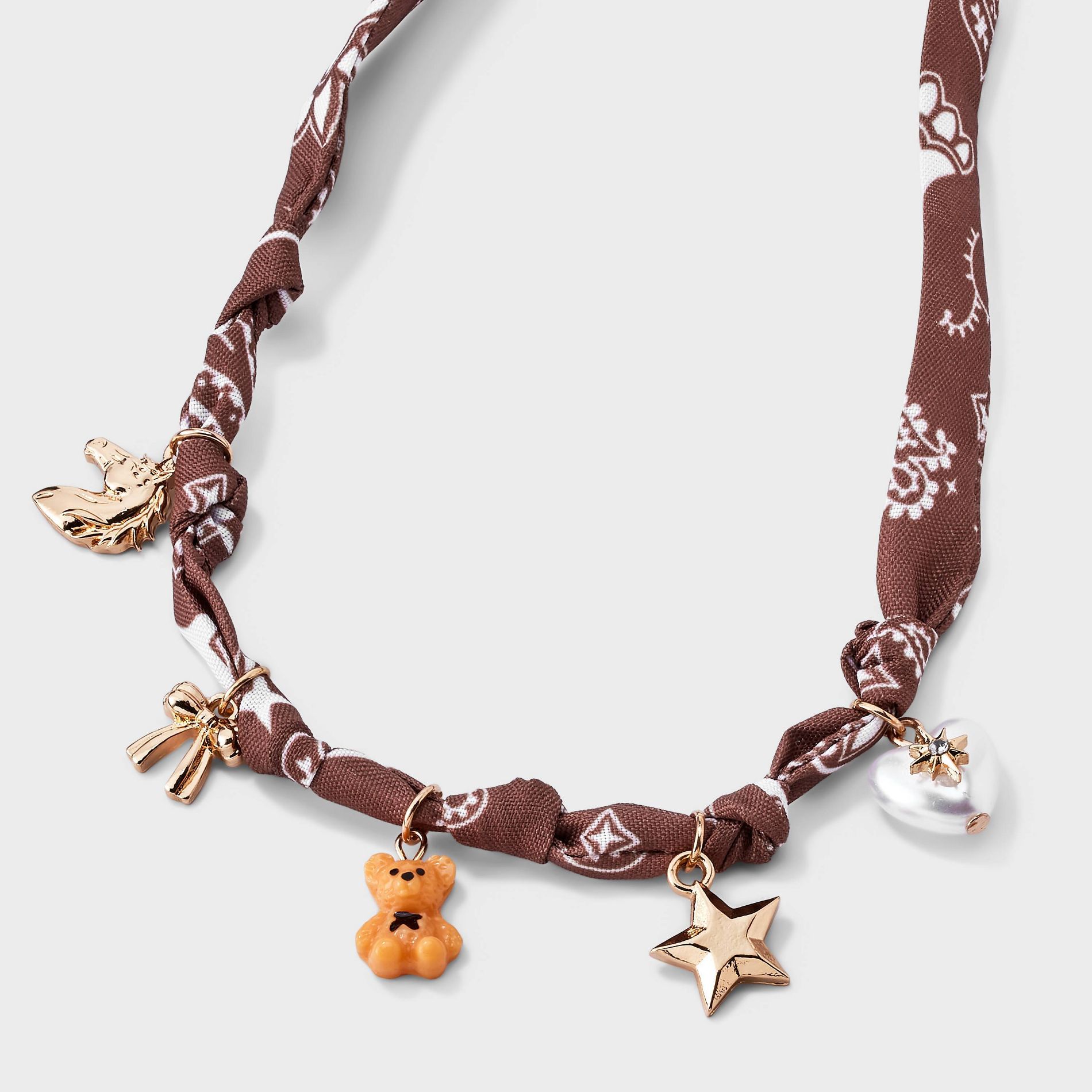 Girls' Bandana Print Teddy Bear, Horse & Heart Charms Statement Necklace - art class™ Brown