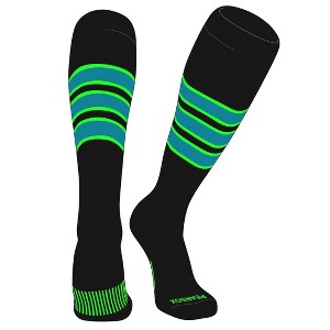 PEAR SOX Striped OTC Baseball, Softball, Football Socks (C) Black, Neon Green, Marlin Teal - 1 of 3