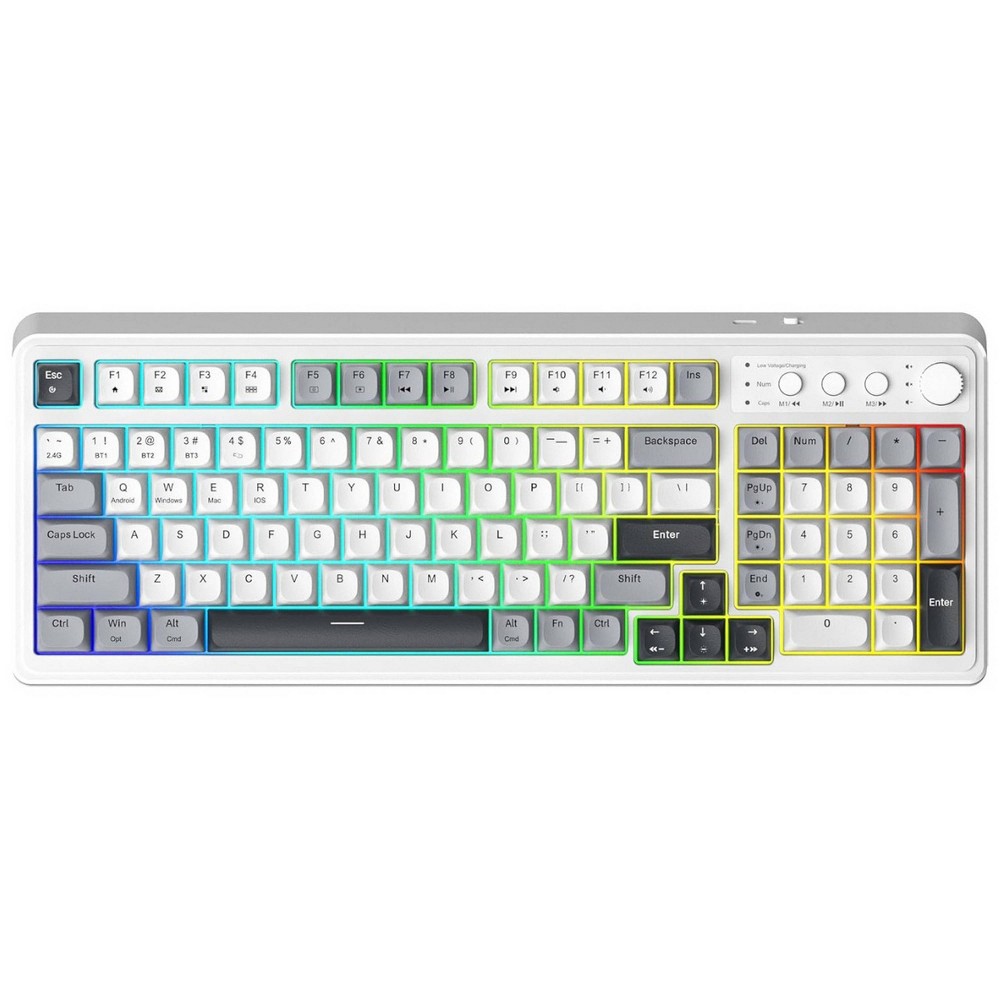 AULA S99 Wireless Gaming Membrane Creamy Keyboard, Tri-Mode Connect, Num Pad, Backlit, Media Knob - Gray White