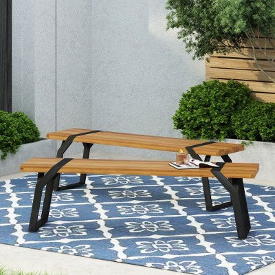 Outdoor Acacia Wood Bench ,  14. 50 x 63 x 17. 75 in, Christopher Knight Home  Rectangular Acacia Wood Industrial Bench, Teak and Black Wood