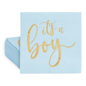 Sparkle and Bash 50 Pack Blue Party Napkins with Gold Foil It's a Boy for Baby Shower, Gender Reveal, 5 In, 3-Ply - 1 of 4