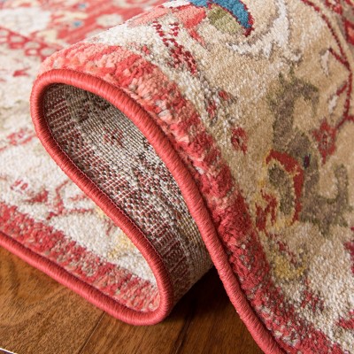 Kashan Red and Beige Synthetic Oriental Rectangular Rug