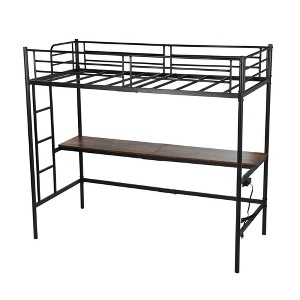 FurnitureR Loft Bed with Desk, Twin Size Metal Loft Bed Frame with Workstation & Ladder, High Loft Bunk Bed with Guardrails, Industrial Black/Brown - 1 of 4