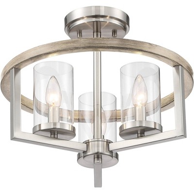 Senna Brushed Nickel and Gray Wood 17" Drum Ceiling Light with Clear Glass