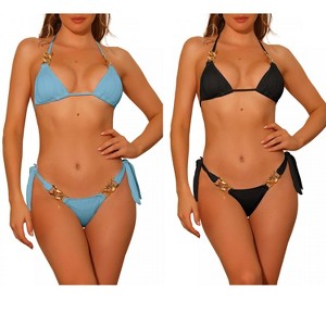 Elerevyo Women's Chain Linked Detail Textured Tie Side Triangle Thong Bottom Swimwear Bathing Suits 2 Sets - 1 of 4