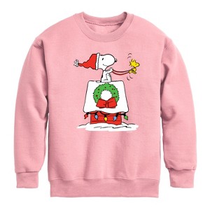 Boys' - Peanuts - Snoopy & Woodstock House Sleigh Graphic Long Sleeve Fleece Sweatshirt - 1 of 4