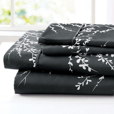 Black Floral Polyester Full/Double Flannel Sheet Set