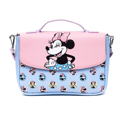 Disney Vegan Leather Fold Over Crossbody Bag for Women, Minnie Mouse Winking Pose Pink and Polka Dot Poses Baby Blue