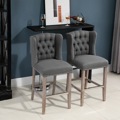 HOMCOM 2 Piece Counter Height Barstools Kitchen Breakfast Stools with Nailhead-Trim and Tufted Back, Solid Wood Legs