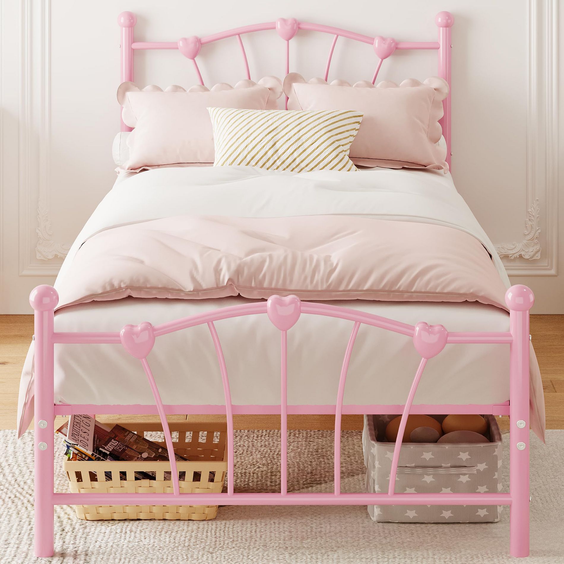 Pink Twin Bed Frame for Kids - Heart Shaped Headboard & Tailboard, Heavy Metal Slat Support, Noiseless, Twin Size, Perfect for Children's Room