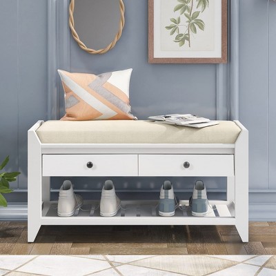 Shoe Storage Bench with Cushioned Seat, Entryway Bench with Storage, Shoe Storage Bench, Shoe Cabinet Bench with 2 Drawers and Storage Shelf