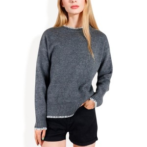 Anna-Kaci Women's Crew Neck Long Sleeve Knit Sweater with Contrast Trim and Ribbed Hem - 1 of 4