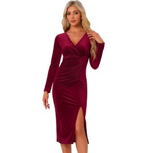 INSPIRE CHIC Women's V Neck Velvet Ruched Split Cocktail Evening Wrap Dress - 1 of 4