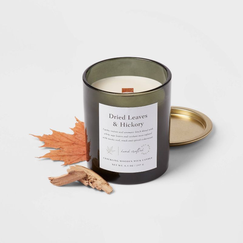 Clear Colored Glass with Woodwick and Brass Metal Inset Lid Dried Leaves + Hickory Candle Green - Threshold™, 3 of 5