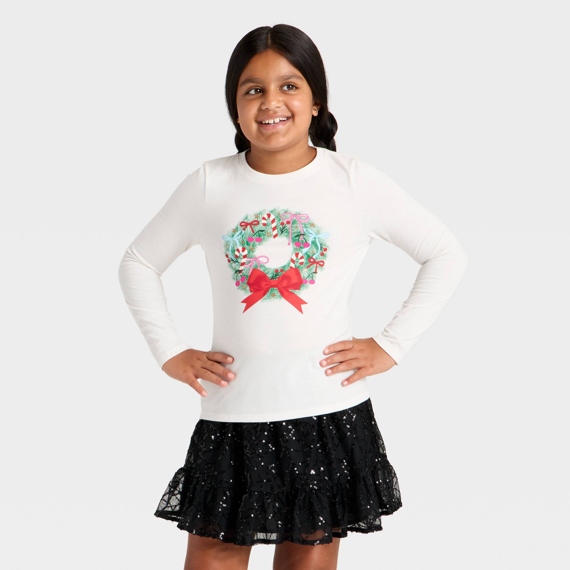 Girls' Long Sleeve Christmas 'Wreath' Graphic T-Shirt- Cat & Jack™ Cream
