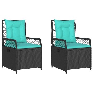 vidaXL Reclining Patio Chairs - 2 Outdoor Lounger Armchairs Black Poly Rattan, Adjustable Backrest, Removable Turquoise Cushions - 1 of 4