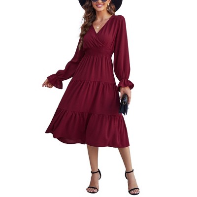 Clearlove Casual V Neck Layered Long Sleeve Wedding Guest Maxi Dresses for Women Flowy Maxi Dress