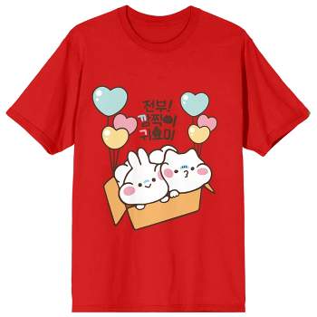 MiMi & Neko Characters in a Box with Hearts Women's Red Short Sleeve Crew Neck Tee