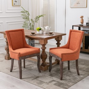A&A Furniture,Ultra Side Dining Chair-Thickened fabric chairs with neutrally toned solid wood legs Bronze nail head Set of 2 Orange - 1 of 4