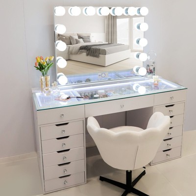 VANITII Eva Vanity Desk - 13 Storage Drawers, LED Bulbs Bluetooth Mirror