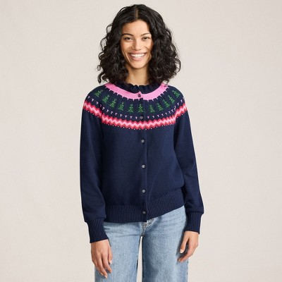 Lands' End Women's Drifter Lurex Ruffle Neck Jacquard Cardigan Sweater