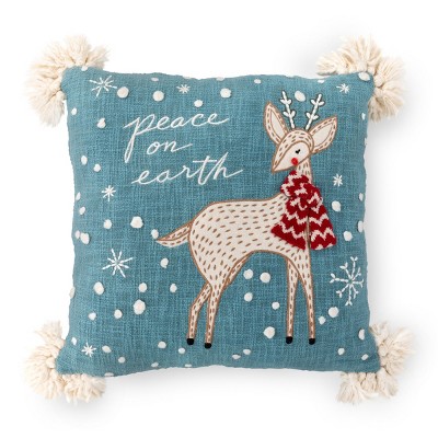 18" Blue Embroidered Cotton Deer Throw Pillow