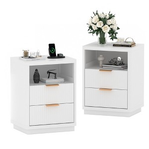 Fluted Farmhouse Night Stand, Fluted Nightstand with Charging Station, FlutedNightstand Bedroom with Drawers, Modern Mid Century Bedside Table - 1 of 4