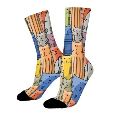 Cartoon Cat Women Printed Crew Socks Funny Funky Socks Soft Polyester Novelty Gifts for Artists Men