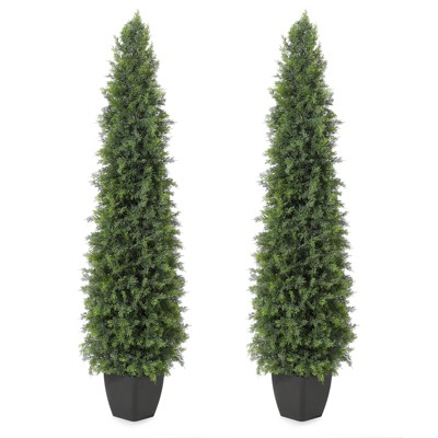 Artificial Cedar Topiary Tree for Outdoor,Potted Fake Cypress Plant with UV Resistant Leaves for Front Door Decor,Porch,Garden,Entryway, Set of 2