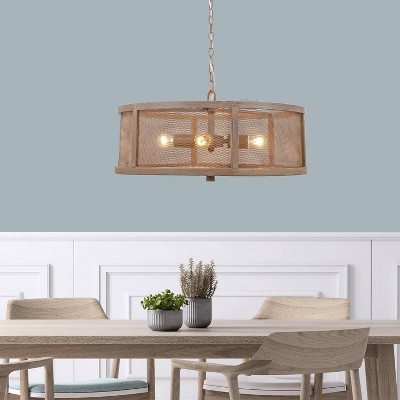 Rustic Farmhouse Woodgrain Metal Drum Chandelier with Mesh Sides
