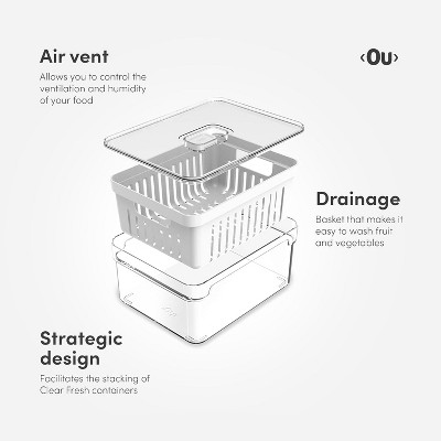 OU Fridge Organizer Bin with Drain Basket & Vented Lid, 5.3qt Clear Stackable Refrigerator Storage Bin, Produce Kitchen Storage Container, BPA Free — фото 6