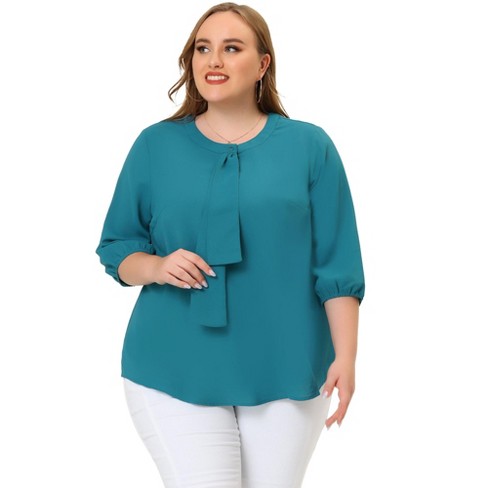 Agnes Orinda Women's Plus Size 3/4 Sleeves Round Neck Ruffle Chiffon Work  Blouse Blue Green 3X