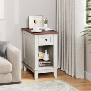 Coucheta 24'' Narrow Side Table with Charging Station, Farmhouse End Table with Drawer and Open Shelf, Small Nightstand for Bedroom or Living Room - 1 of 4