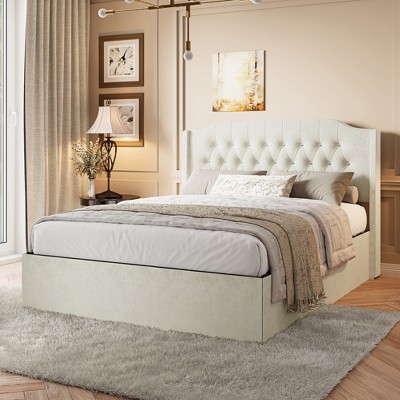 Queen Size Tufted Upholstered Bed Frame w/Crystal Button Accents, Bed Frame with Wingback Headboard & Under-Bed Storage Space, No Box Spring Needed