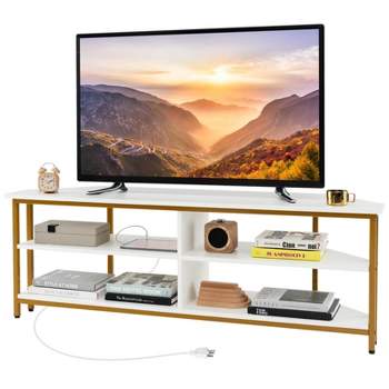 Costway Corner TV Stand for TVs up to 65" TV Console Table with AC Outlets&USB A Ports Rustic Brown/Black/White