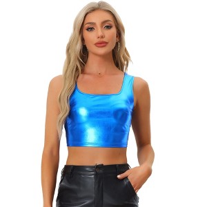 INSPIRE CHIC Women's U Neck Sleeveless Party Clubwear Shiny Metallic Crop Tank Tops - 1 of 4