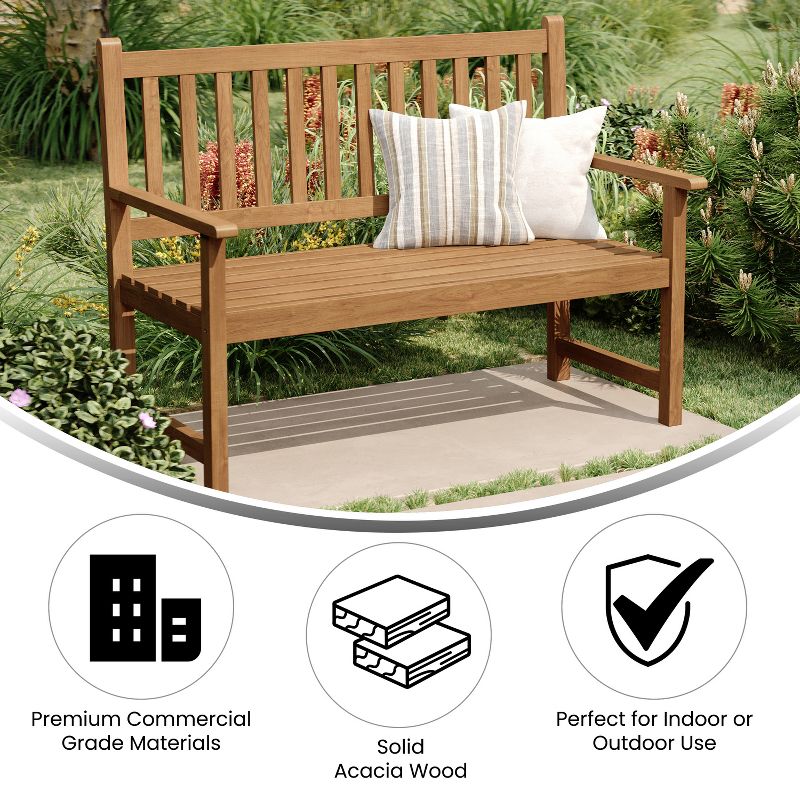 Flash Furniture Adele Commercial Grade Indoor/Outdoor Patio Acacia Wood Bench, 2-Person Slatted Seat Loveseat for Park, Garden, Yard, Porch, 3 of 10