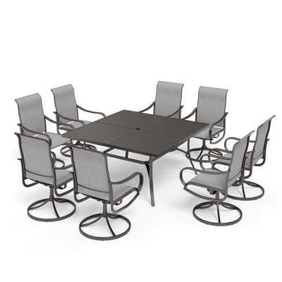 Captiva Designs 9pc Spacious Slat-top Square Metal Table with Umbrella Hole & Textilene Swivel Chairs