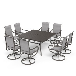Captiva Designs 9pc Spacious Slat-top Square Metal Table with Umbrella Hole & Textilene Swivel Chairs - 1 of 4