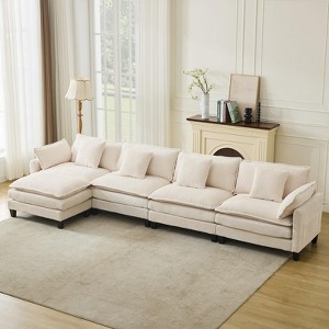 112"/146.5" L Modular Sectional Sofa, Corduroy Cloud Couch with Movable Ottoman & Throw Pillows, Modern L/U-Shaped Sofa - 1 of 4