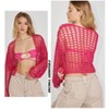 Coolmee Women's Crochet Cropped Cardigans Y3k Knit Shrug Sweater Hollow Out Long Sleeve See Through Summer Beach Bikini Cover Ups M Rose Red - 4 of 4