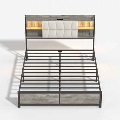 TiramisuBest Queen Size Bed Frame with LED Light & Power Outlet - Ancient Oak MDF+Metal Design