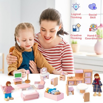 Etokfoks Wooden Dollhouse Furniture Set 26 pcs with 4 Family Dolls for Living Room Bathroom Kitchen Bedroom Pretend Play Ages 3+ — фото 7