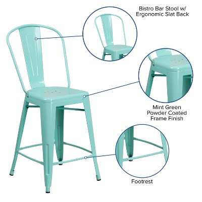 Mint Green Industrial Metal Tolix Bar Stool with Cone Legs