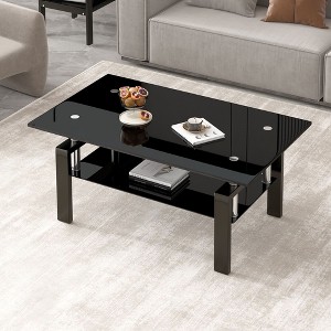 Sapphtopaz Modern Coffee Table with Glass Top 2-Layer Rectangular Glass Center Table Dining Table for Living Room, Living Room Furniture - 1 of 4
