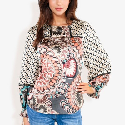 Anna-Kaci Women's Long Sleeve Print Blouse With Geometric And Floral Patterns